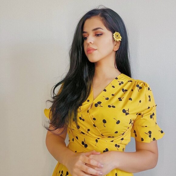 Yellow Cherry Midi Summer Spring Dress - Picture 4 of 7